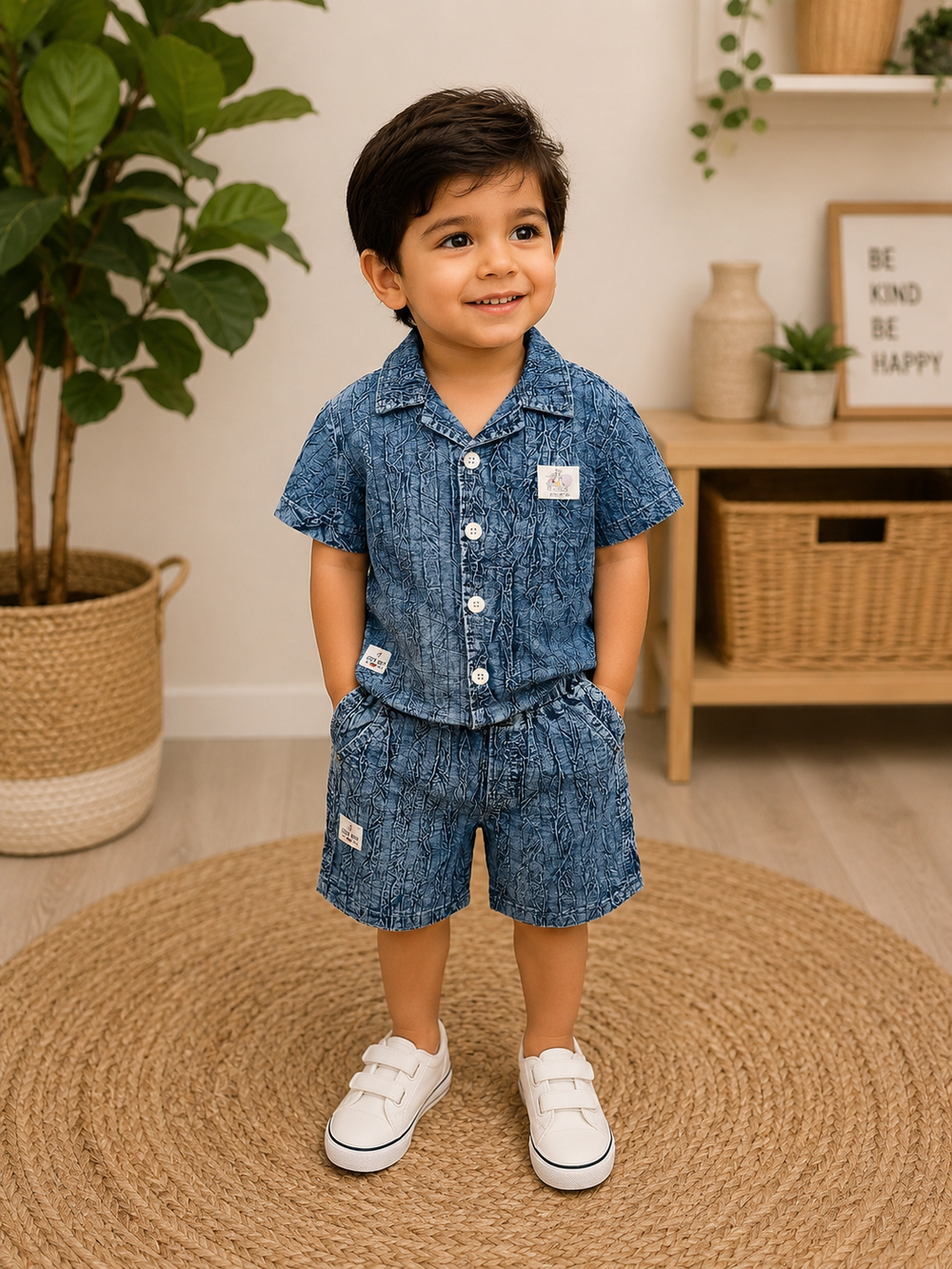 Luxirio Boys’ Premium Light Blue Denim-Look Shirt & Shorts Co-ord Set