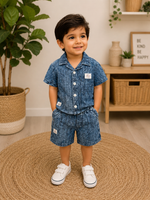 Luxirio Boys’ Premium Light Blue Denim-Look Shirt & Shorts Co-ord Set