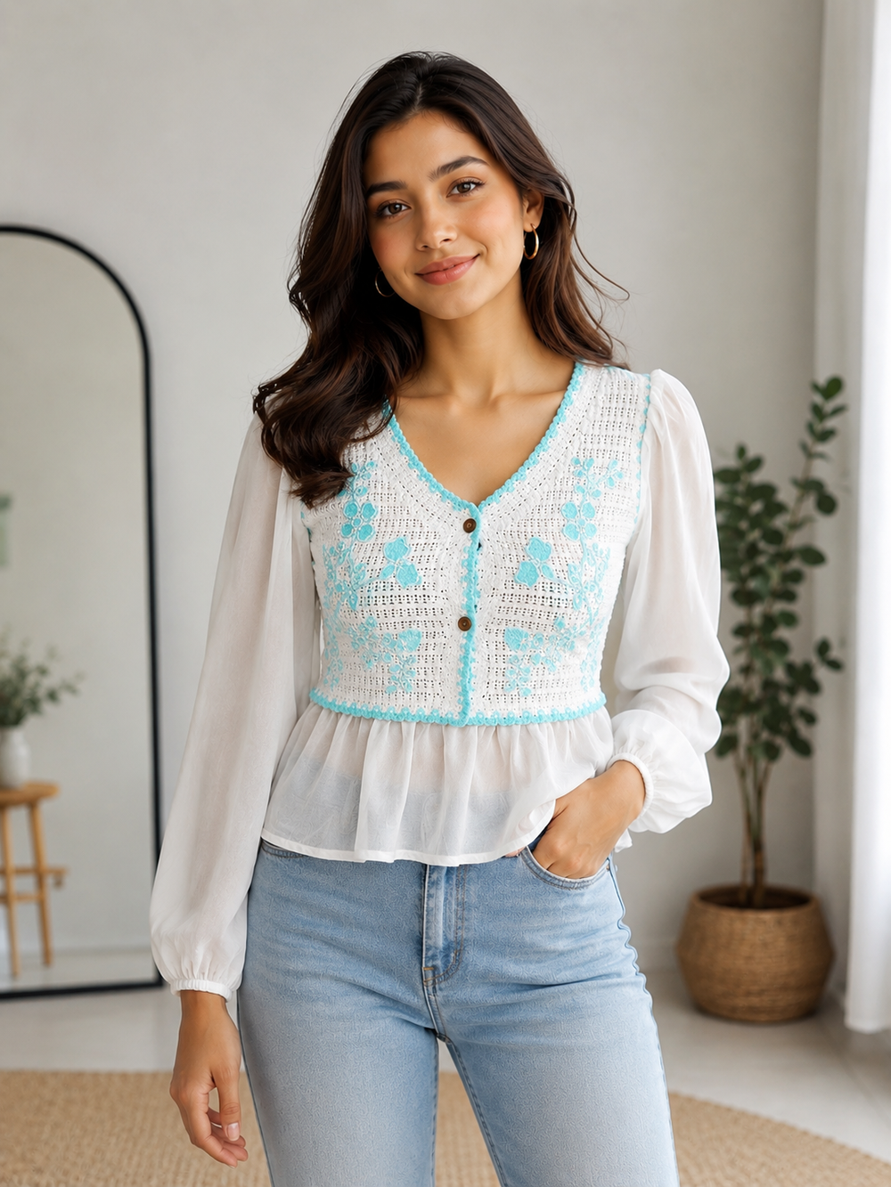 Luna Bloom Embroidered Peplum top– White & Turquoise