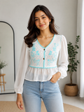 Luna Bloom Embroidered Peplum top– White & Turquoise