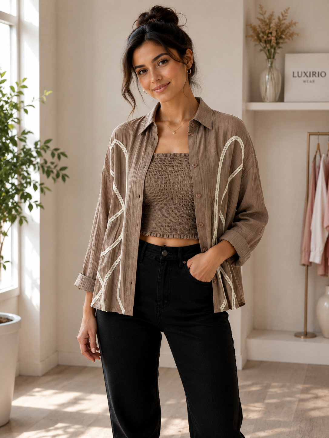 Women’s Embroidered Overshirt & Smocked Tube Top Set – 2-Piece Casual Co-Ord | Luxirio
