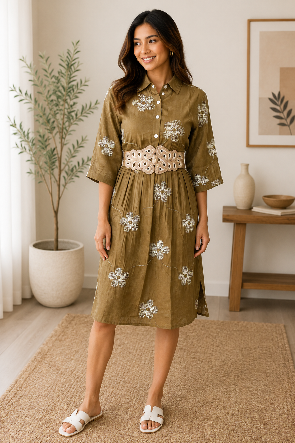 Embroidered Dress with Statement Belt