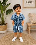 Luxirio Boys’ Premium Light Blue Denim-Look Shirt & Shorts Co-ord Set
