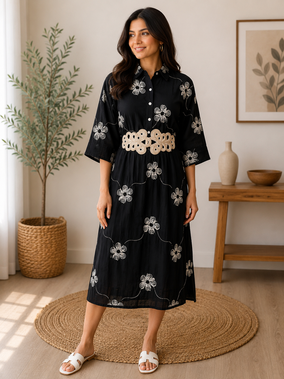 Embroidered Dress with Statement Belt