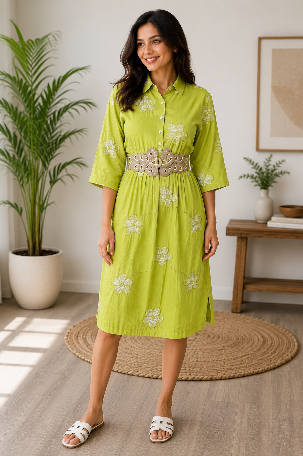 Embroidered Dress with Statement Belt