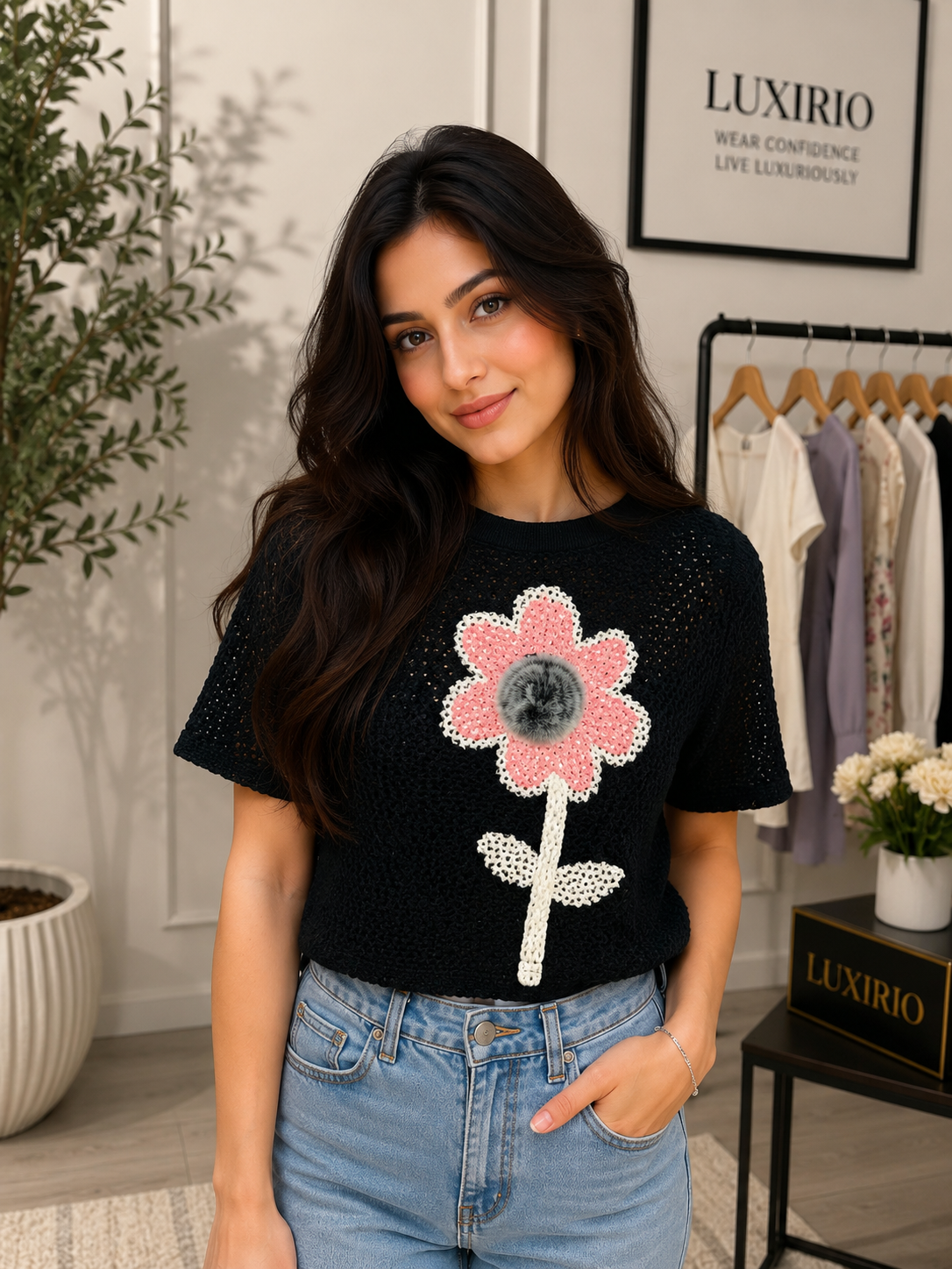 Luxirio Women’s Floral Crochet Knit Top