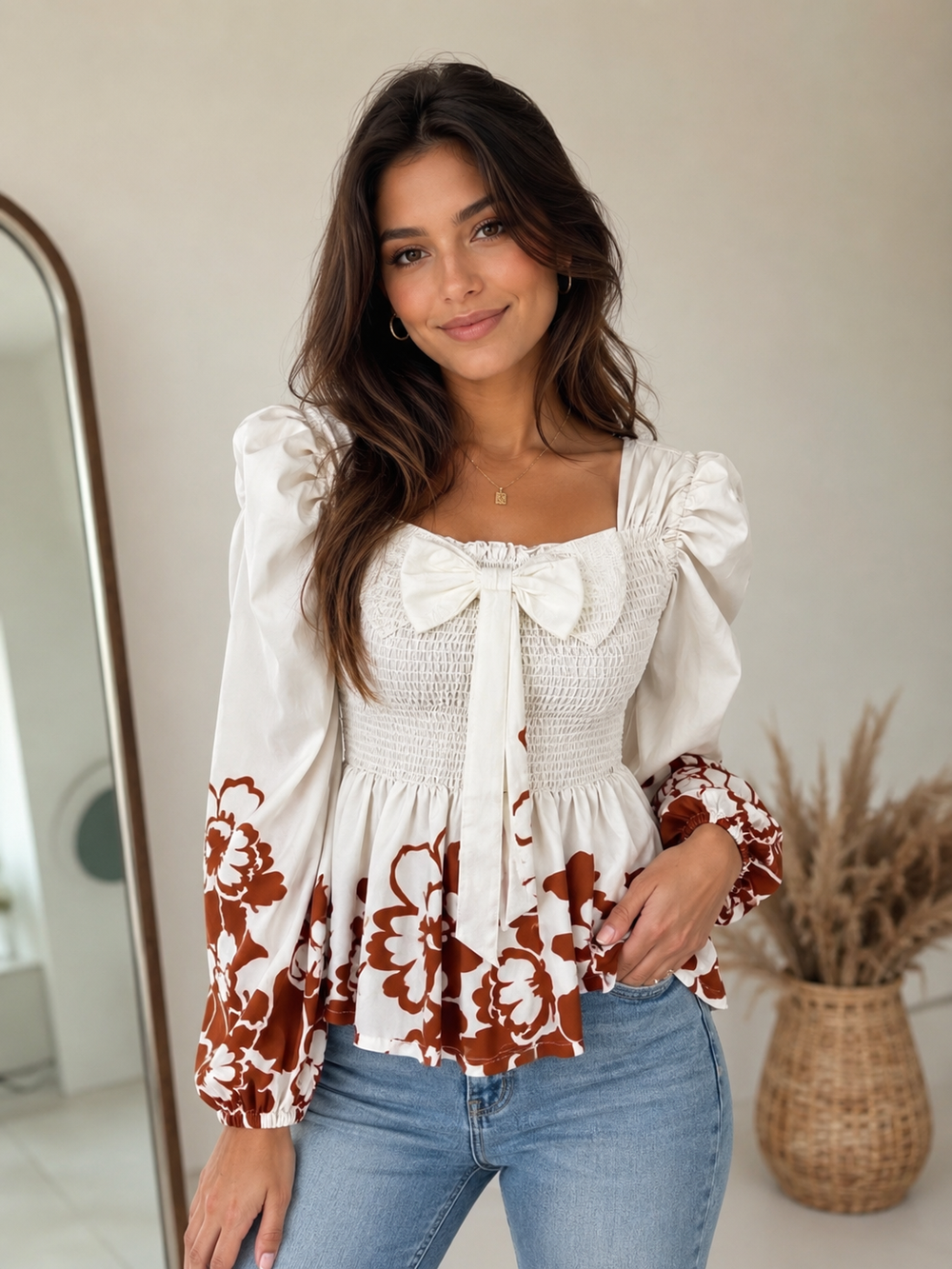 Luxirio Floral Smocked Peplum Top with Puff Sleeves