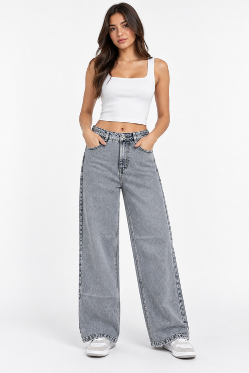 Cloud Grey High-Rise Wide-Leg Jeans