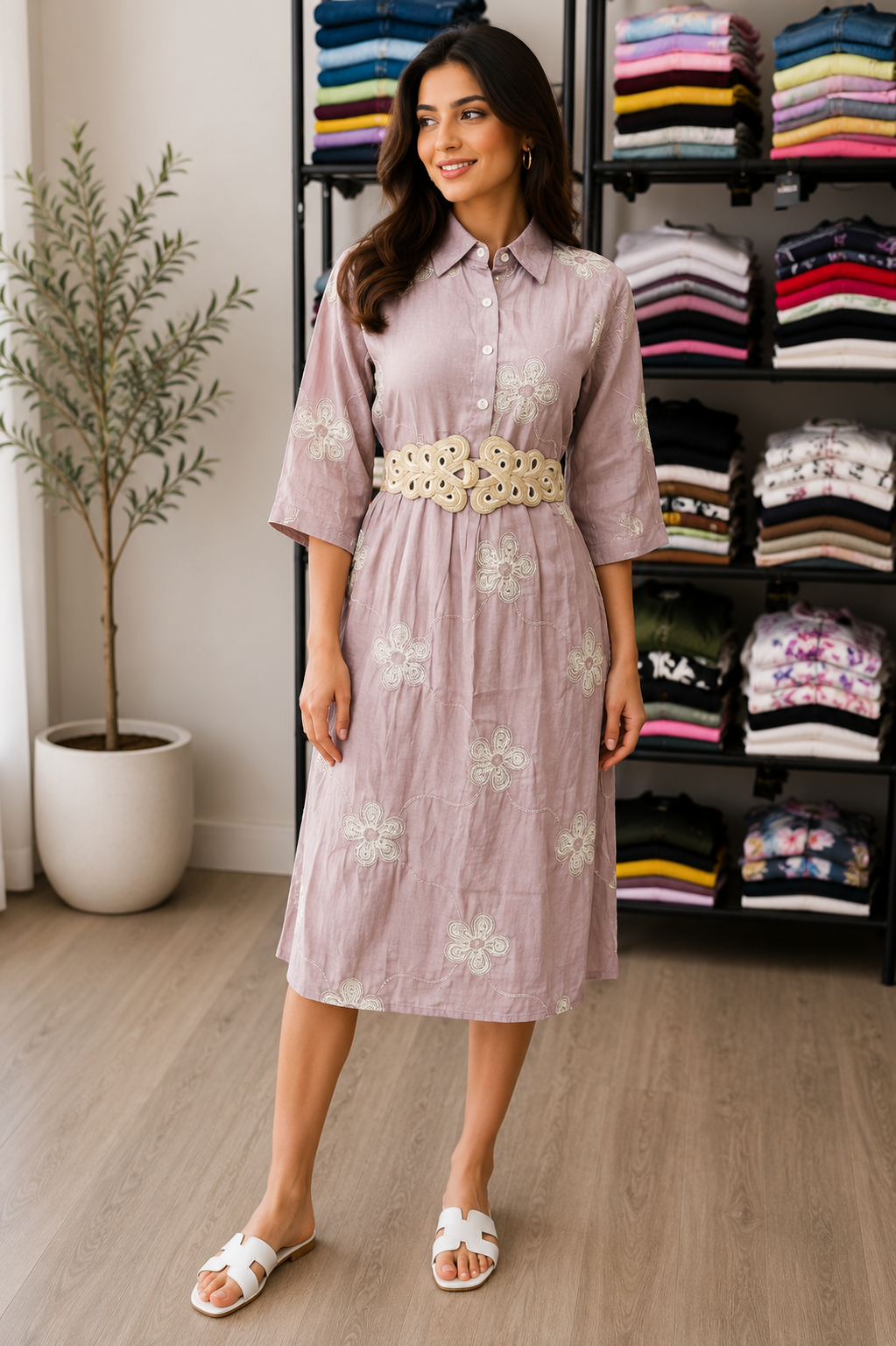 Embroidered Dress with Statement Belt