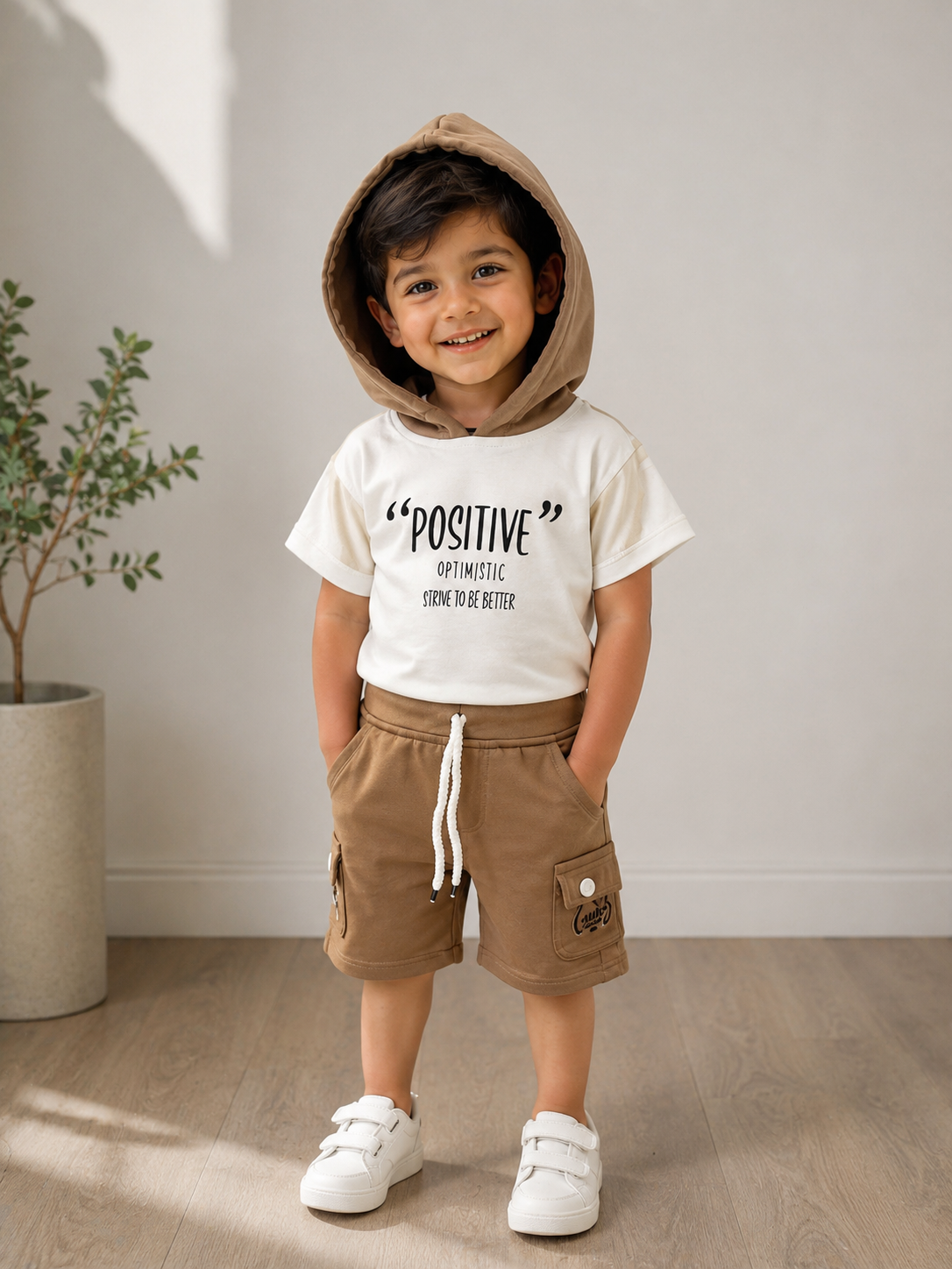 Boys’ “Positive” Hooded T-Shirt & Cargo Shorts Set – Grey & White | 2-Piece Outfit