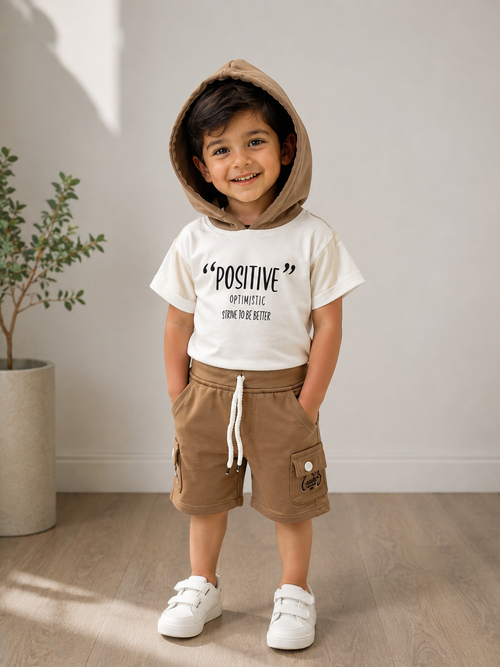 Boys’ “Positive” Hooded T-Shirt & Cargo Shorts Set – Grey & White | 2-Piece Outfit