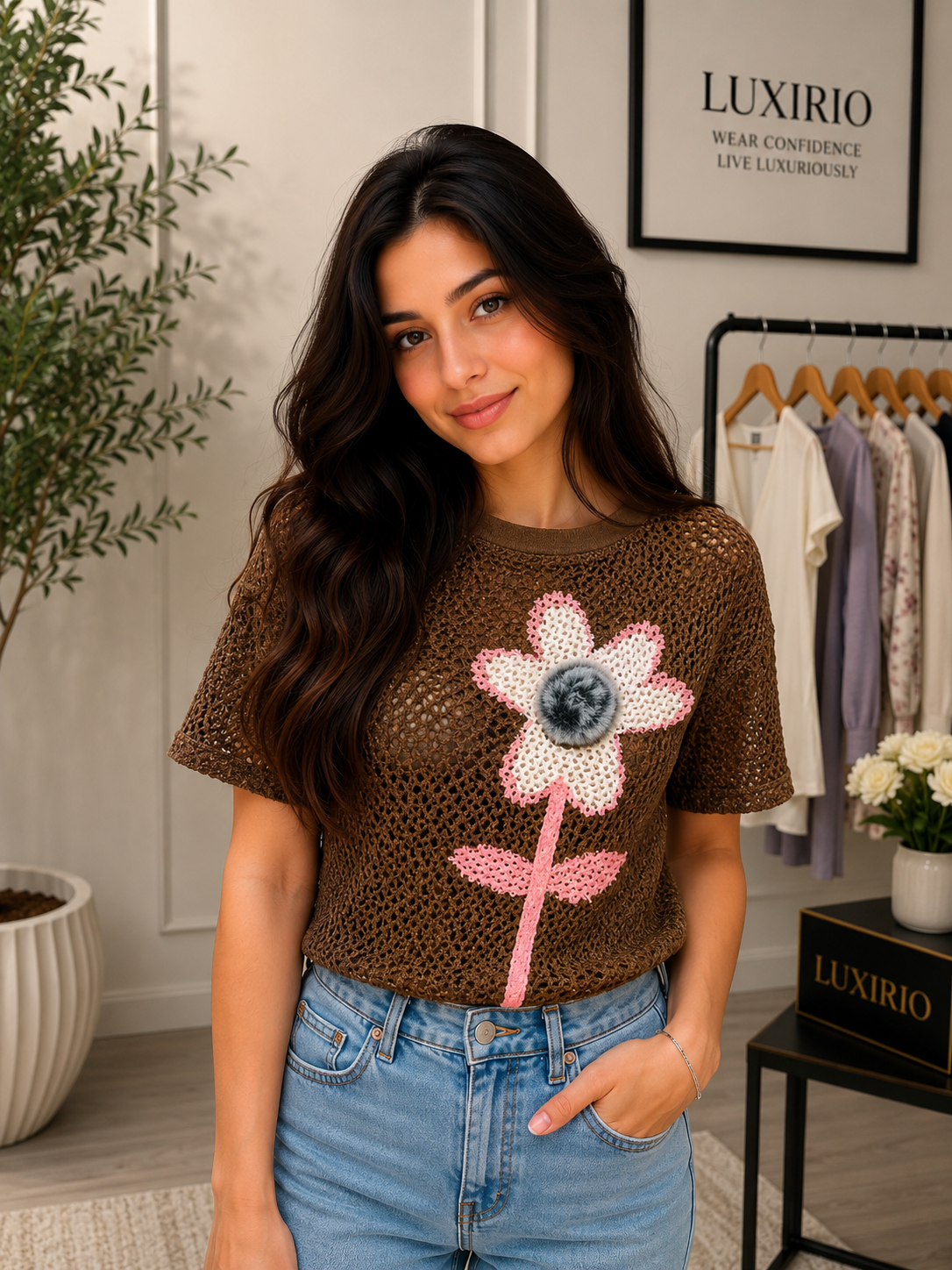 Luxirio Women’s Floral Crochet Knit Top