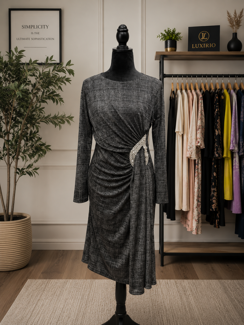 Luxirio Women’s Elegant Long Sleeve Midi Dress