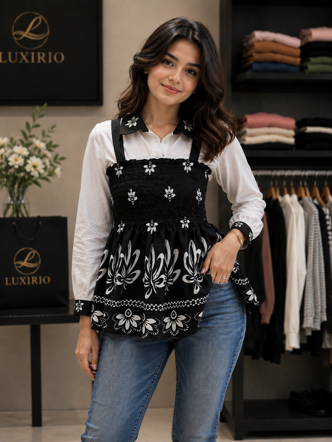 Black & White Layered Smocked Tunic Top