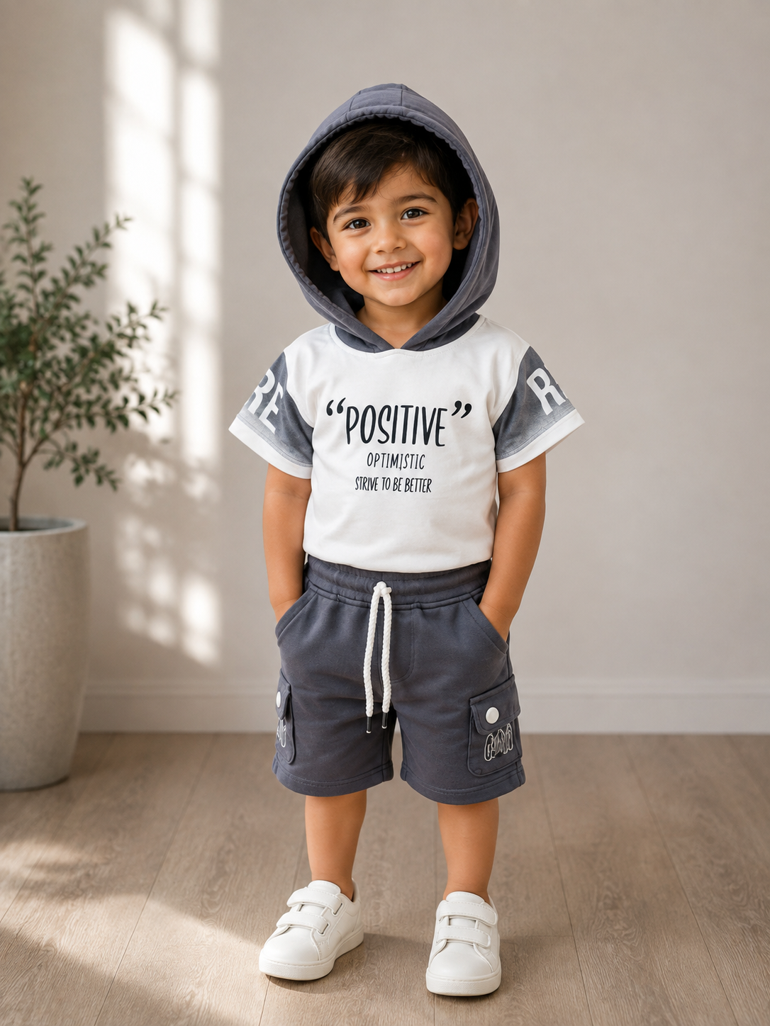 Boys’ “Positive” Hooded T-Shirt & Cargo Shorts Set – Grey & White | 2-Piece Outfit