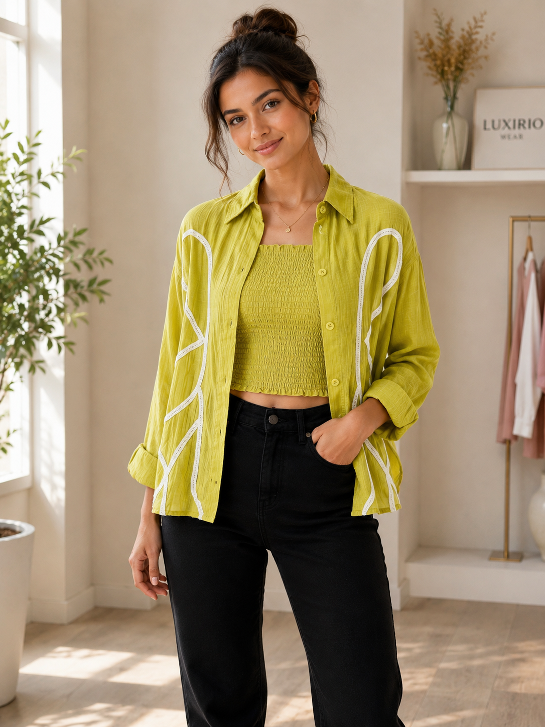 Women’s Embroidered Overshirt & Smocked Tube Top Set – 2-Piece Casual Co-Ord | Luxirio